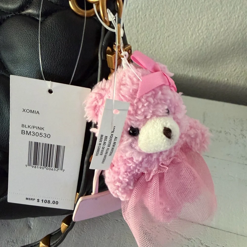 Betsey Johnson Xomia black heart quilted bag gold-tone hardware pink bear charm